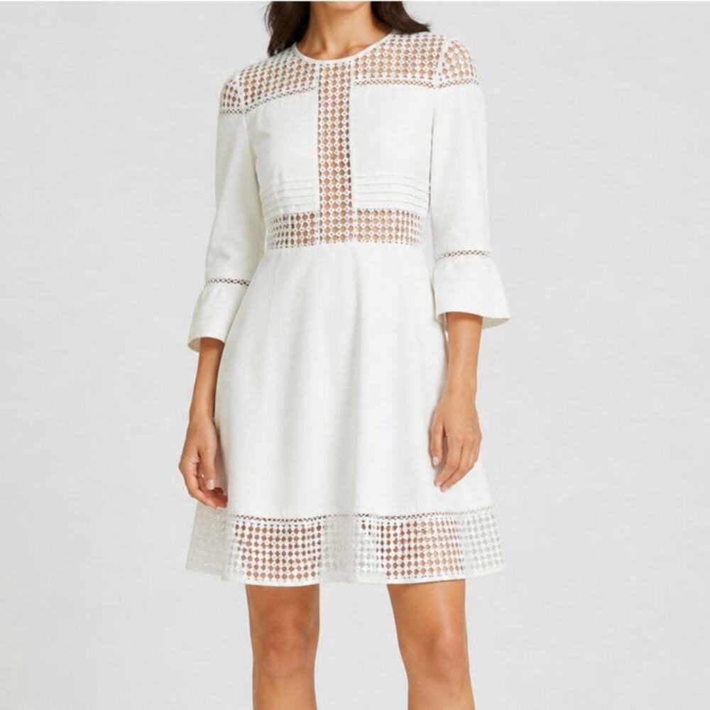 SANDRO Lace Cut Out Dress Linen Blend Crewneck 3/4 Sleeve Cottagecore White